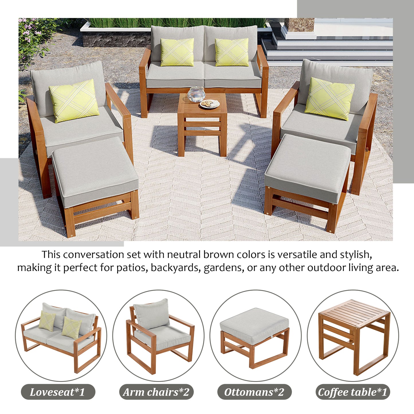 TOPMAX Outdoor Patio Wood 6-Piece Conversation Set, Sectional Garden Seating Groups Chat Set with Ottomans and Cushions for Backyard, Poolside, Balcony, Grey