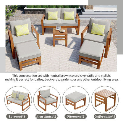 TOPMAX Outdoor Patio Wood 6-Piece Conversation Set, Sectional Garden Seating Groups Chat Set with Ottomans and Cushions for Backyard, Poolside, Balcony, Grey