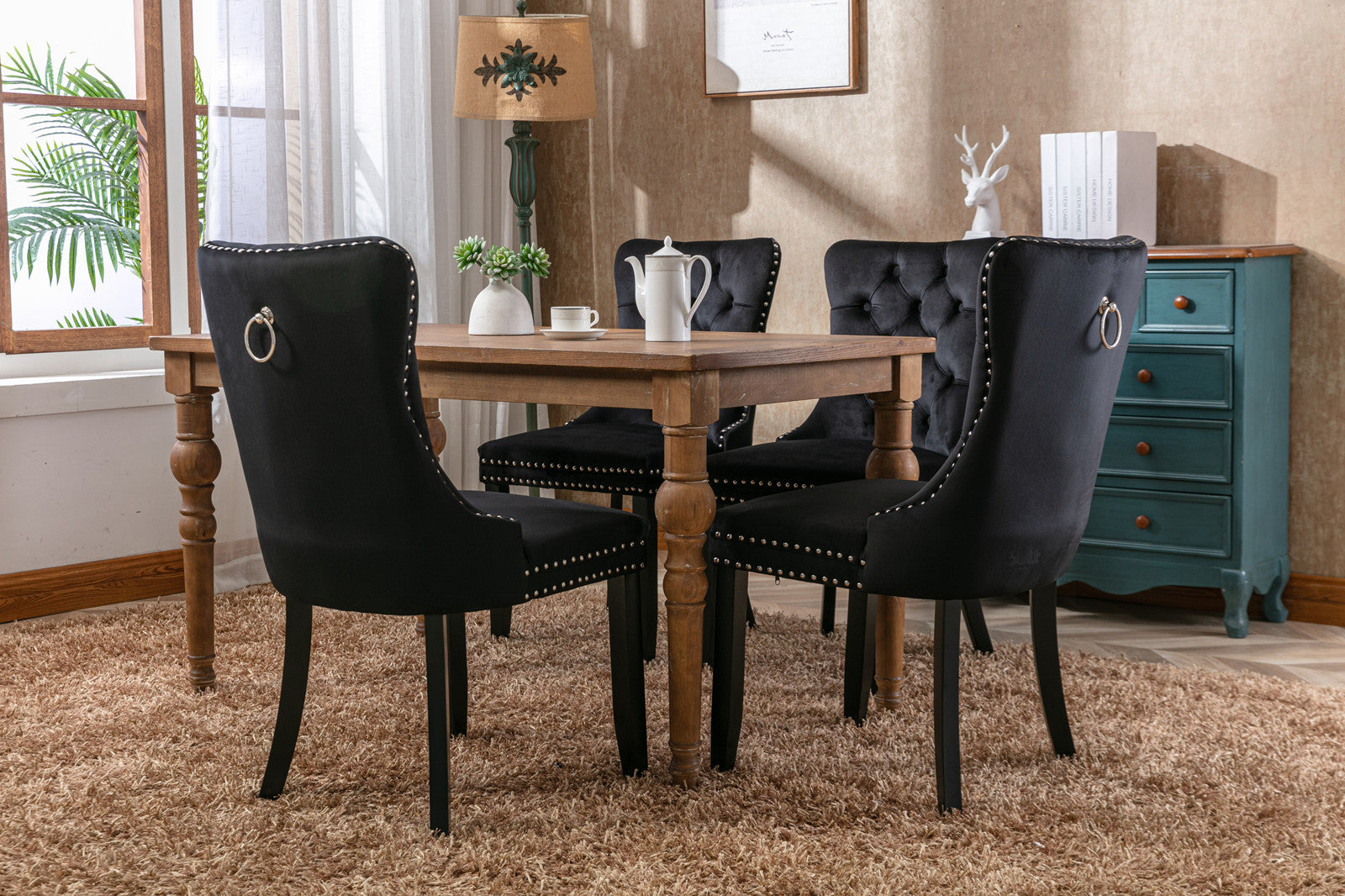 Nikki Collection Modern, High-end Tufted Solid Wood Contemporary Velvet Upholstered Dining Chair with Wood Legs Nailhead Trim 2-Pcs Set, Black, SW2001BK