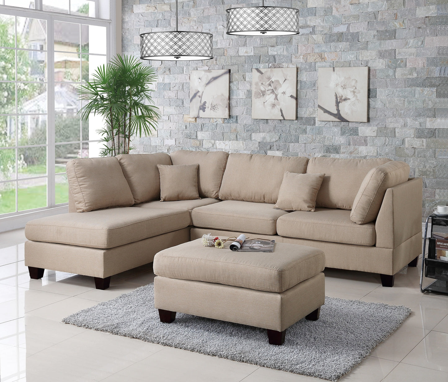 Sand Color 3pcs Sectional Living Room Furniture Reversible Chaise Sofa And Ottoman Polyfiber Linen Like Fabric Cushion Couch