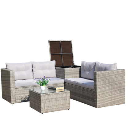 4 Piece Patio Sectional Wicker Rattan Outdoor Furniture Sofa Set with Storage Box Grey