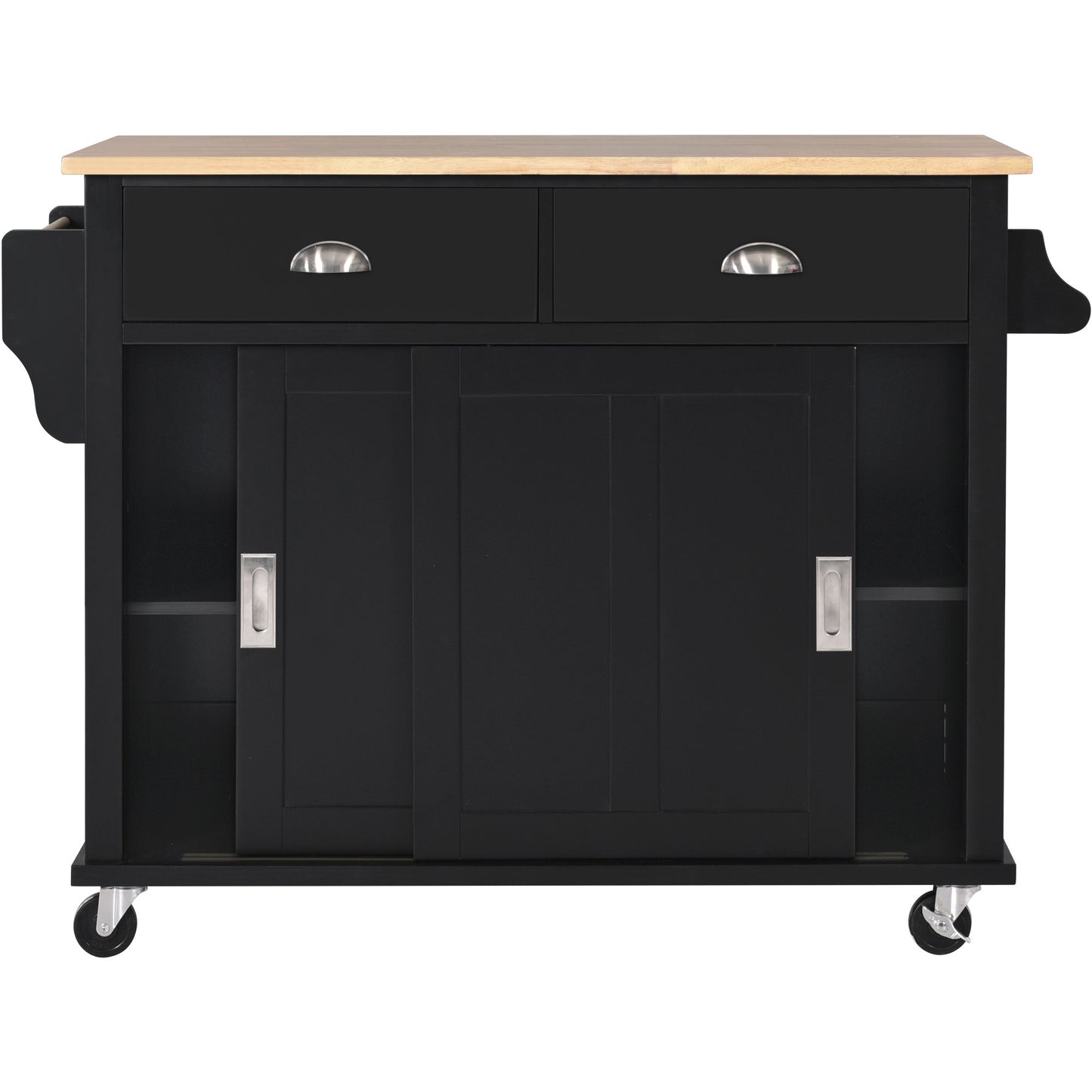 Kitchen Cart with Rubber wood Drop-Leaf Countertop, Concealed sliding barn door adjustable height,Kitchen Island on 4 Wheels with Storage Cabinet and 2 Drawers,L52.2xW30.5xH36.6 inch, Black