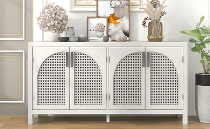 TREXM Large Storage Space Sideboard with Artificial Rattan Door and Metal Handles for Living Room and Entryway (White)