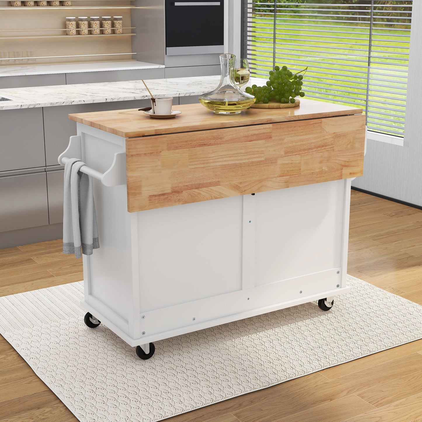 Kitchen Cart with Rubber wood Drop-Leaf Countertop, Concealed sliding barn door adjustable height,Kitchen Island on 4 Wheels with Storage Cabinet and 2 Drawers,L52.2xW30.5xH36.6 inch, White