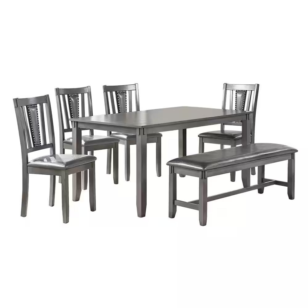 Dining Room Furniture Gray Color 6pc Set Dining Table 4x Side Chairs and A Bench Solid wood Rubberwood and veneers