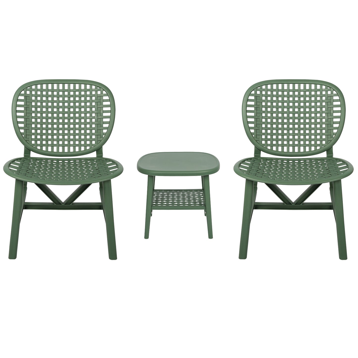 3 Pieces Hollow Design Retro Patio Table Chair Set All Weather Conversation Bistro Set Outdoor Table with Open Shelf and Lounge Chairs with Widened Seat for Balcony Garden Yard  Green