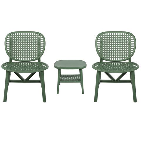 3 Pieces Hollow Design Retro Patio Table Chair Set All Weather Conversation Bistro Set Outdoor Table with Open Shelf and Lounge Chairs with Widened Seat for Balcony Garden Yard  Green