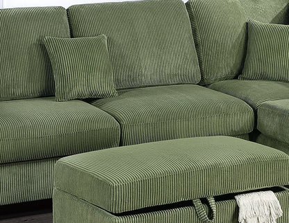 Gorgeous Sage Color 3pc Sectional Set Corduroy Upholstered LAF Sofa RAF Chaise Ottoman L-Sectional Living Room Furniture