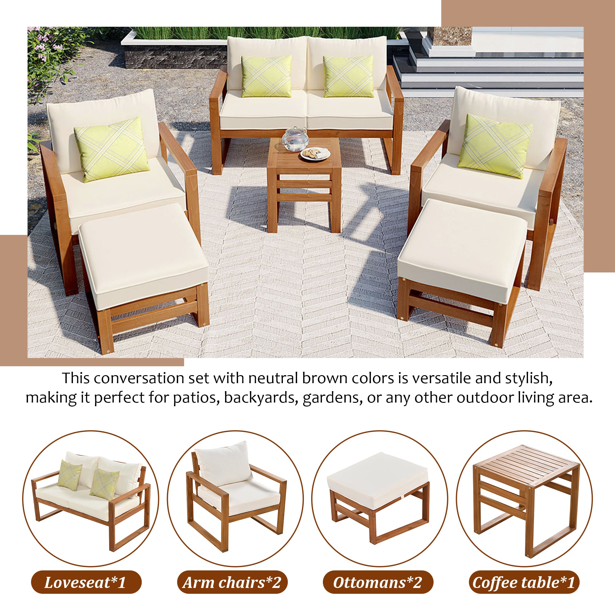 TOPMAX Outdoor Patio Wood 6-Piece Conversation Set, Sectional Garden Seating Groups Chat Set with Ottomans and Cushions for Backyard, Poolside, Balcony, Beige