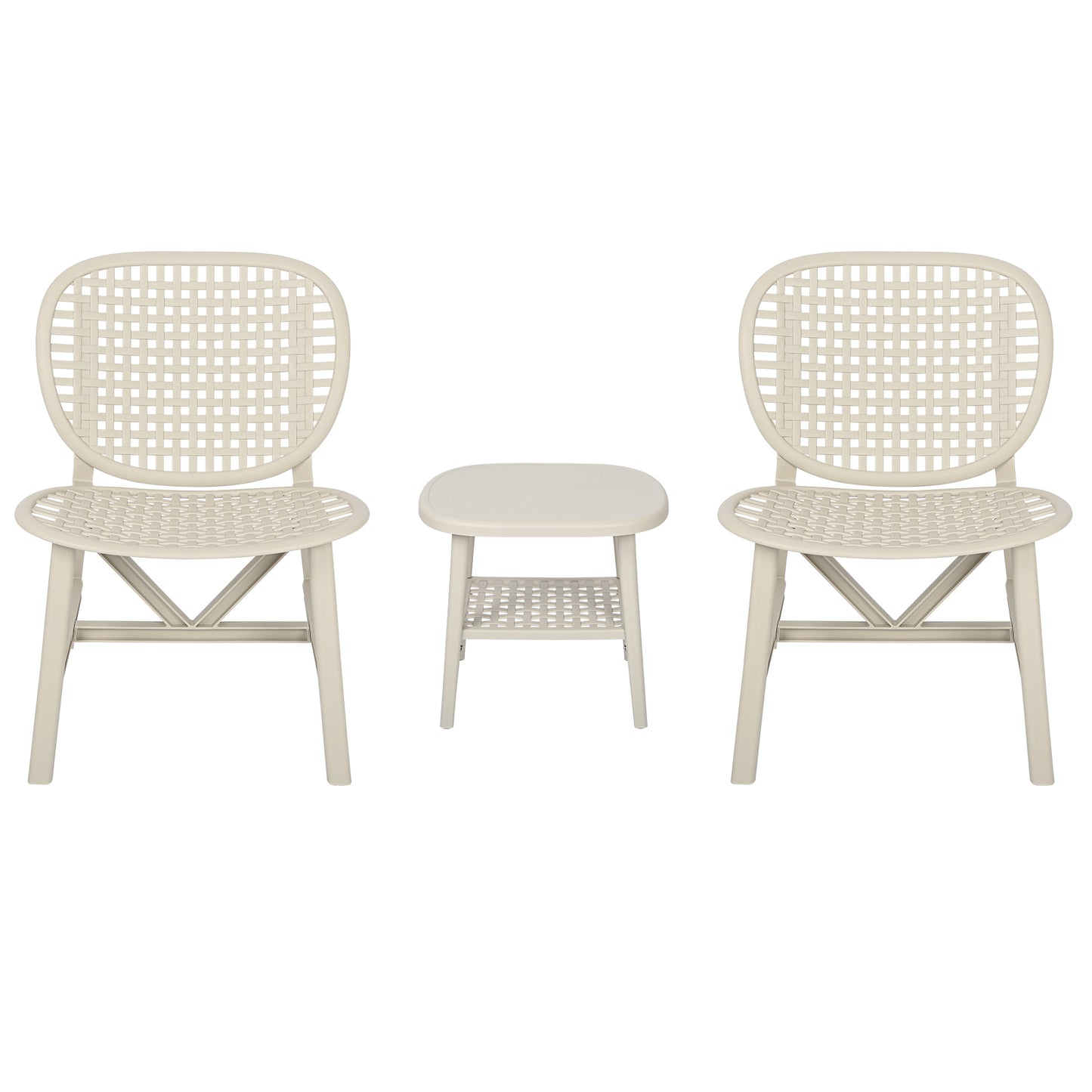 3 Pieces Hollow Design Retro Patio Table Chair Set All Weather Conversation Bistro Set Outdoor Table with Open Shelf and Lounge Chairs with Widened Seat for Balcony Garden Yard White