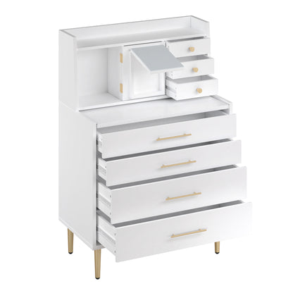 Vanity Makeup Table with Mirror and Retractable Table, Storage Dresser for Bedroom with 7 Drawers and Hidden Storage,White