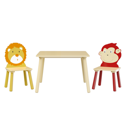 Kids Table and 2 Chairs Set, 3 Pieces Toddler Table and Chair Set, Wooden Activity Play Table Set (Lion&Monkey)