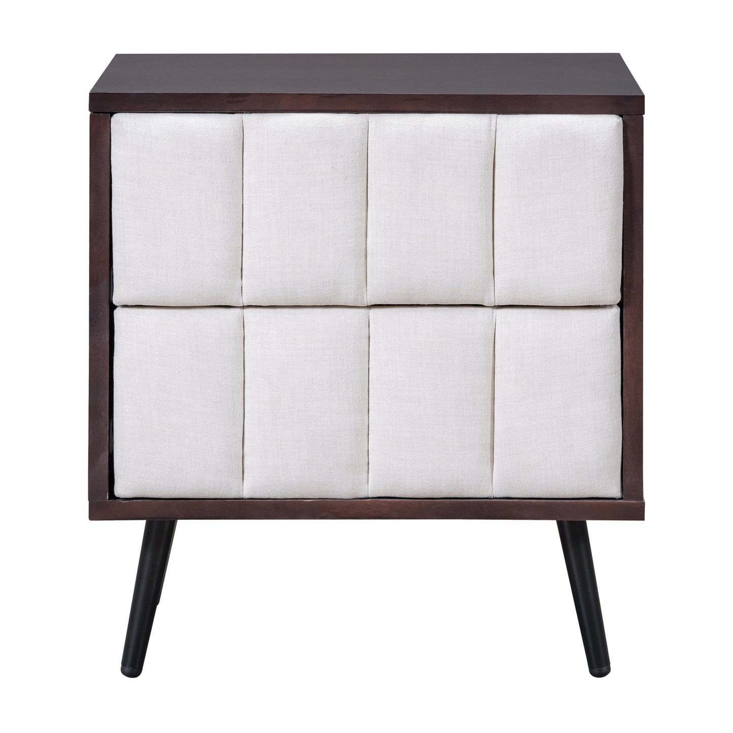 2-Drawer Nightstand for Bedroom, Mordern Wood+Linen Bedside Table with Classic Design,Walnut+Beige