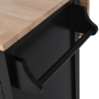 Kitchen Cart with Rubber wood Drop-Leaf Countertop, Concealed sliding barn door adjustable height,Kitchen Island on 4 Wheels with Storage Cabinet and 2 Drawers,L52.2xW30.5xH36.6 inch, Black