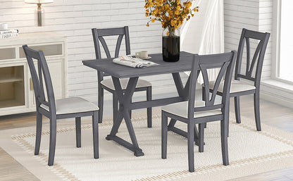 TOPMAX Mid-Century Wood 5-Piece Dining Table Set with 4 Upholstered Dining Chairs for Small Places, Antique Grey