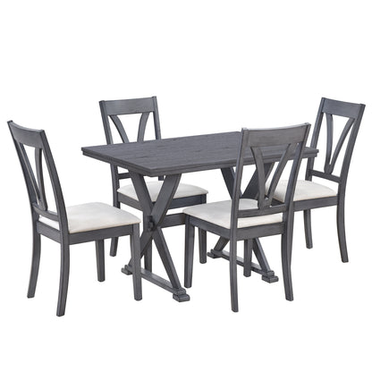 TOPMAX Mid-Century Wood 5-Piece Dining Table Set with 4 Upholstered Dining Chairs for Small Places, Antique Grey