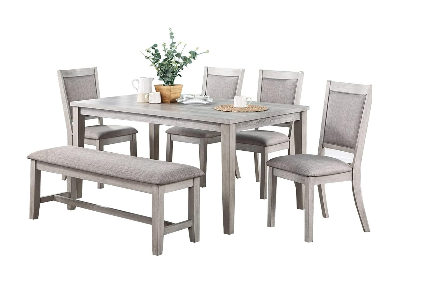 Contemporary Dining 6pc Set Table w 4x Side Chairs And Bench Natural Finish Padded Cushion Seats Chairs Rectangular Dining Table Dining Room Furniture