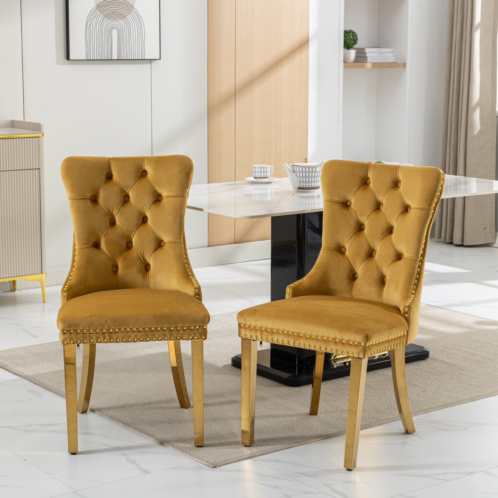 A&A Furniture,Nikki Collection Modern, High-end Tufted Solid Wood Contemporary Velvet Upholstered Dining Chair with Golden Stainless Steel Plating Legs,Nailhead Trim,Set of 2,Gold, SW1601GL