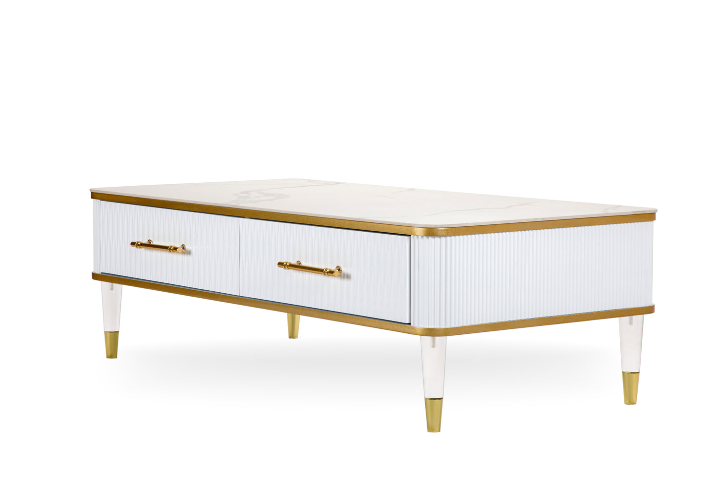 Modern White/Gold tone Sintered Matte Stone Top Coffee Table W/ Drawer