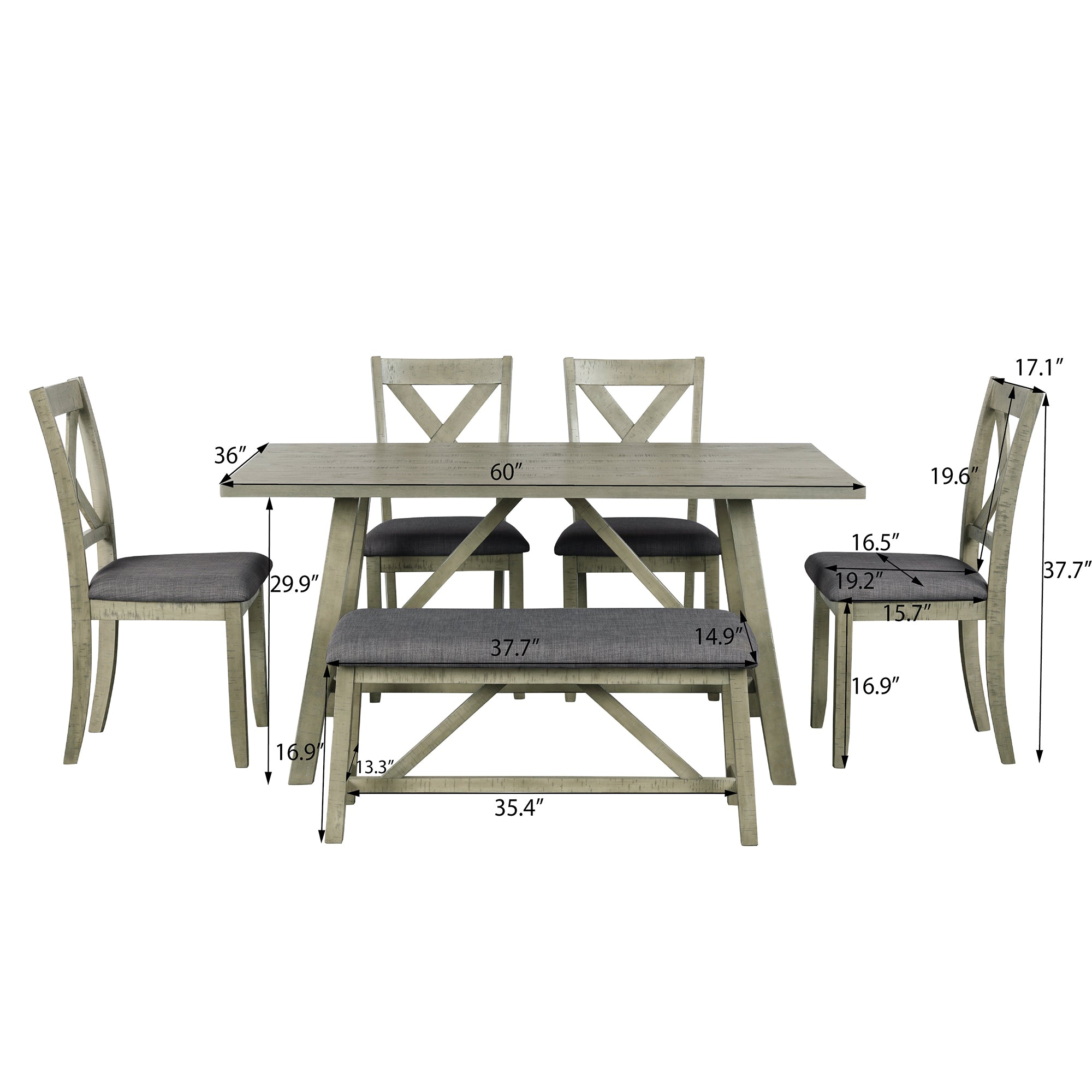 TOPMAX 6 Piece Dining Table Set Wood Dining Table and chair Kitchen Table Set with Table, Bench and 4 Chairs, Rustic Style, Gray(No Difference with SH000109AAE)