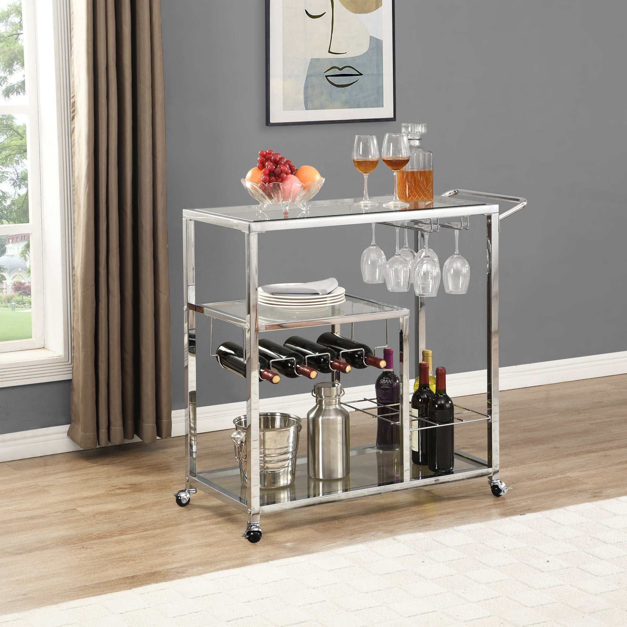 Contemporary Chrome Bar Serving Cart Silver Modern Glass Metal Frame Wine Storage