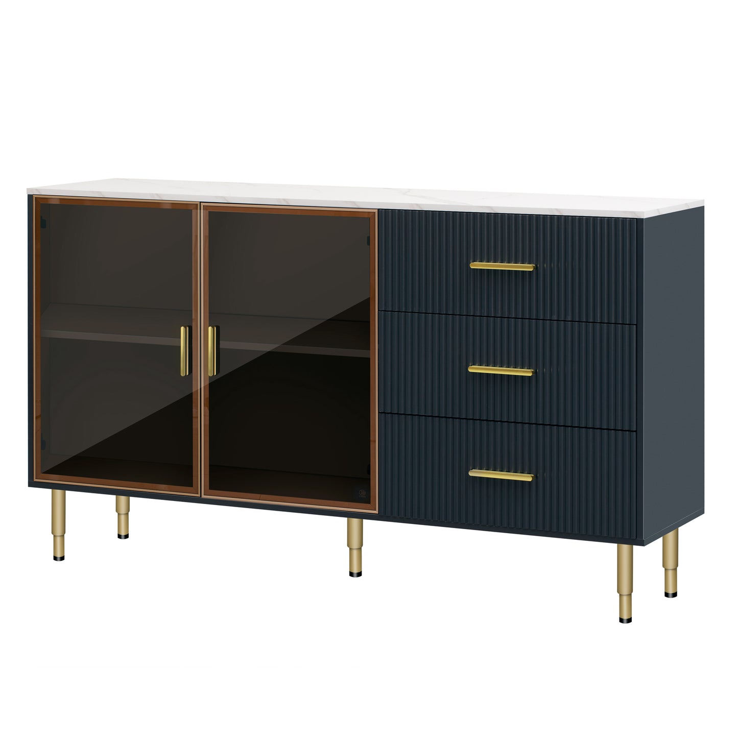 TREXM Modern Sideboard MDF Buffet Cabinet Marble Sticker Tabletop and Amber-yellow Tempered Glass Doors with Gold Metal Legs & Handles (Navy Blue)