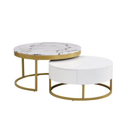 Modern Round  Nesting Coffee Table with Drawers in White