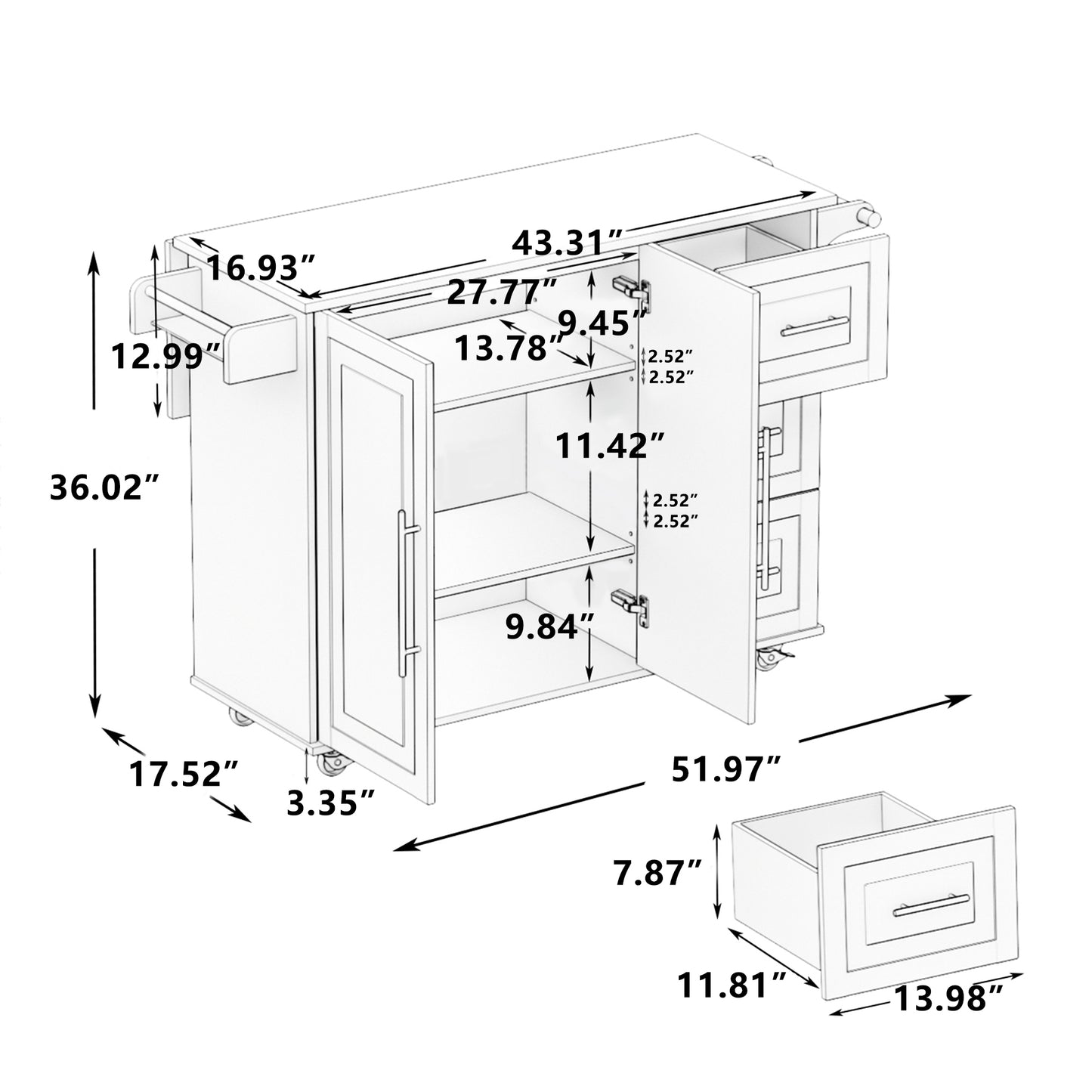 Kitchen Island Cart with 2 Door Cabinet and Three Drawers,43.31 Inch Width with Spice Rack,Towel Rack (White)