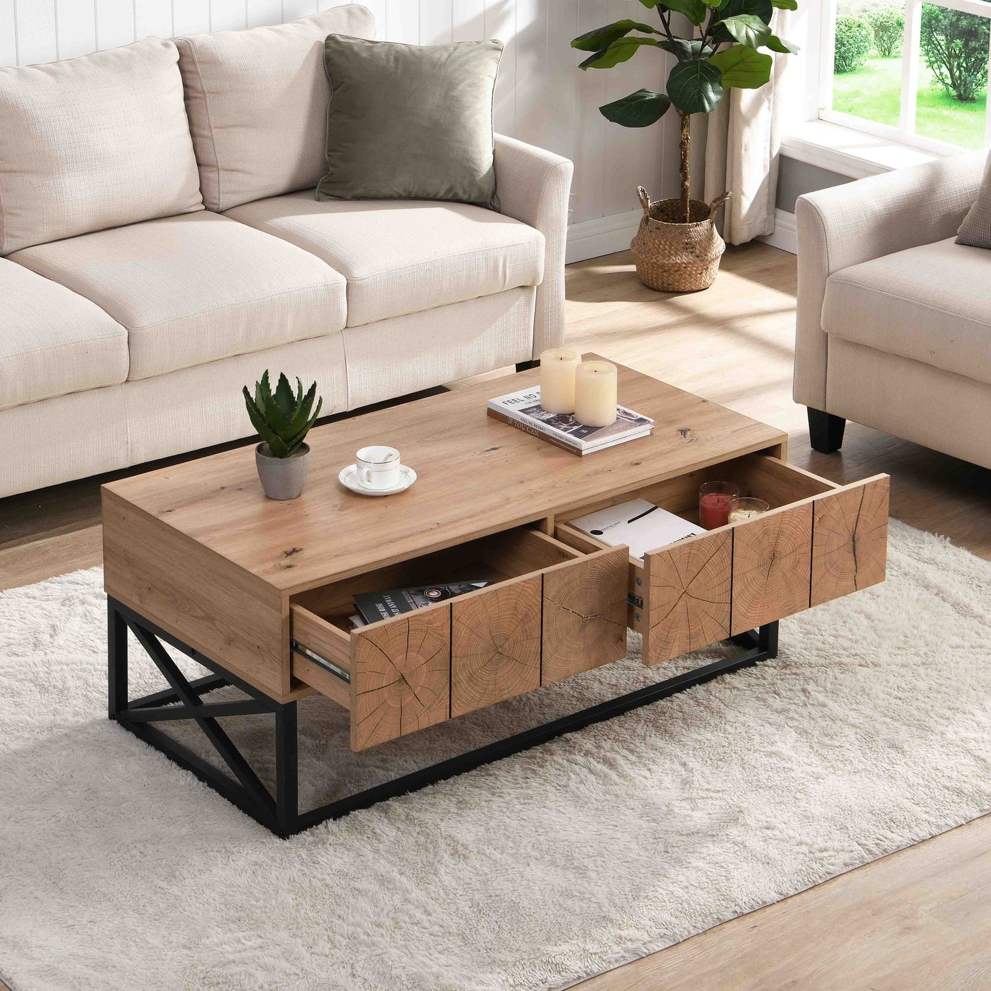 43.31'' Luxury Coffee Table with Two Drawers, Industrial Coffee Table for Living Room, Bedroom & Office