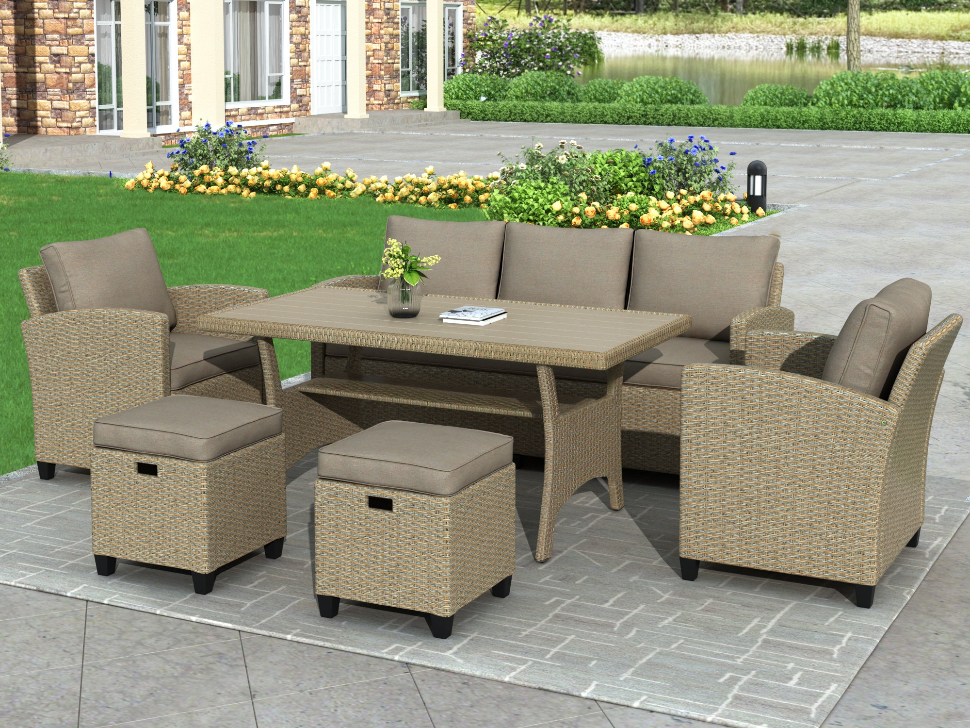 TOPMAX 6 Piece Outdoor Rattan Wicker Set Patio Garden Backyard Sofa, Chair, Stools and Table