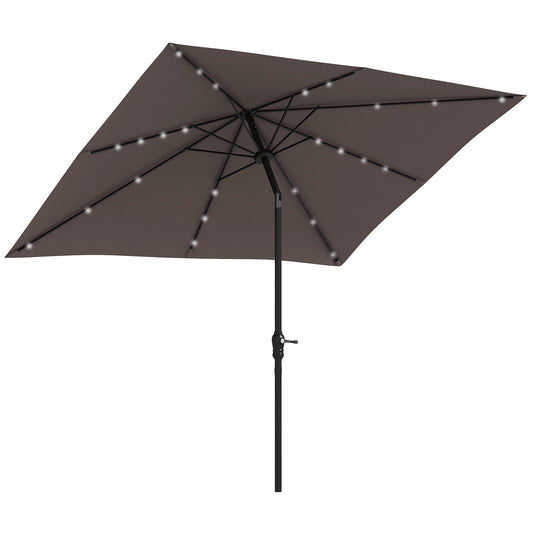 Outsunny 9' x 7' Solar Umbrella, LED Lighted Patio Umbrella for Table or Base with Tilt & Crank, Outdoor Umbrella for Garden, Deck, Backyard, Pool, Beach, Tan