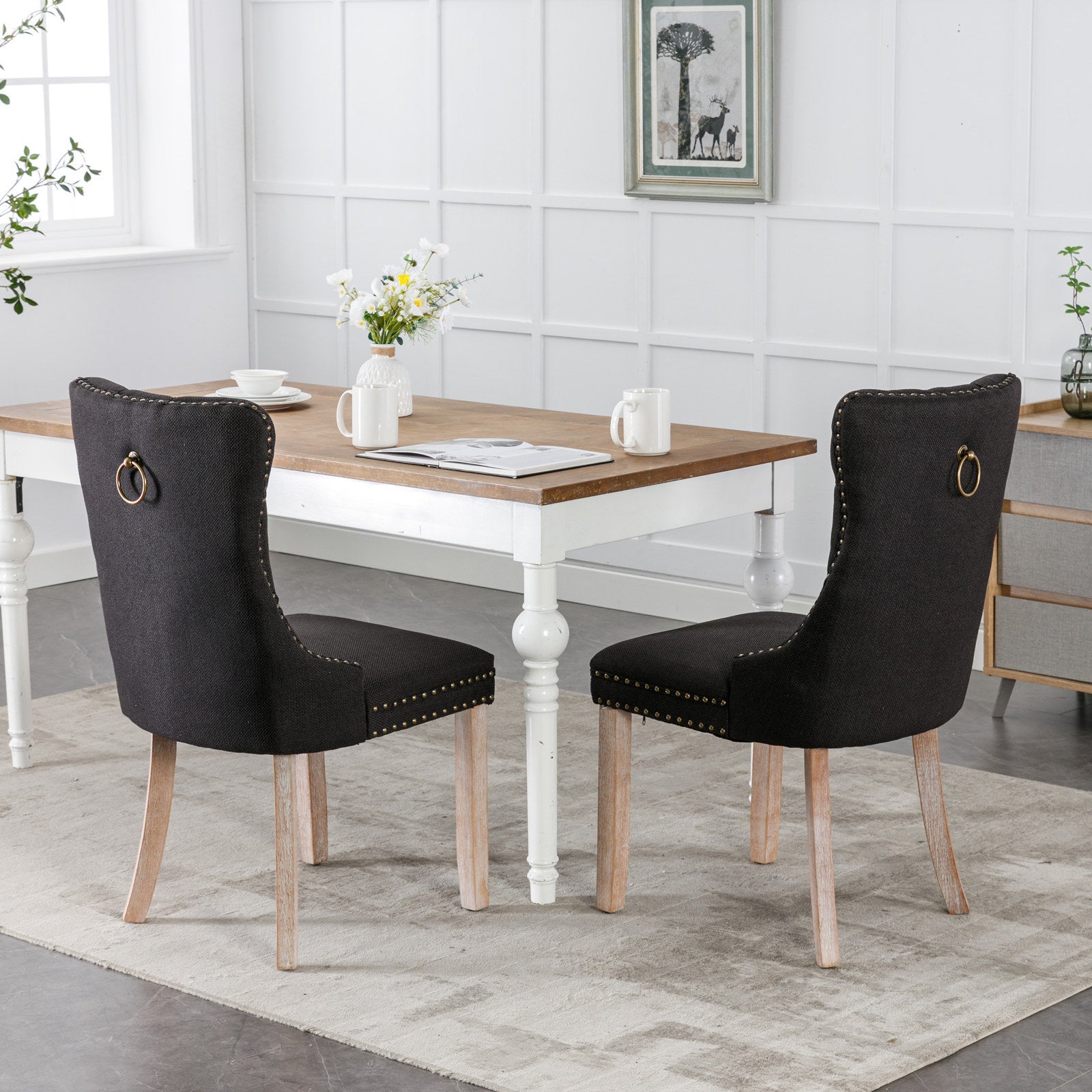 Nikki Collection Modern, High-end Tufted Solid Wood Contemporary Flax Upholstered Linen Dining Chair with Wood Legs Nailhead Trim 2-Pcs Set,Black Linen, SW6801BK