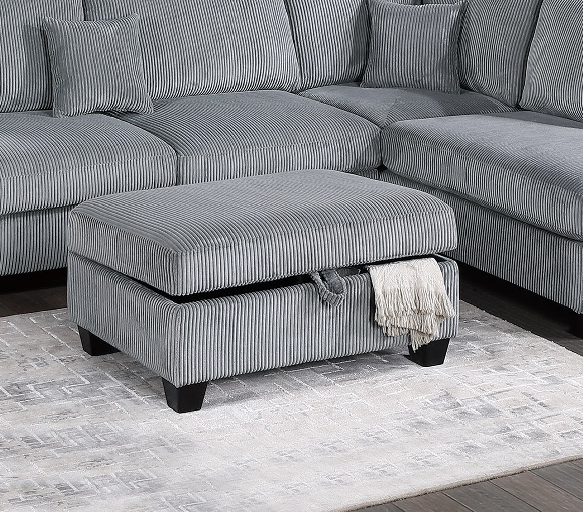 Contemporary 3pc Sectional Set Fog Color Corduroy Couch LAF Sofa RAF Chaise Ottoman L-Sectional Living Room