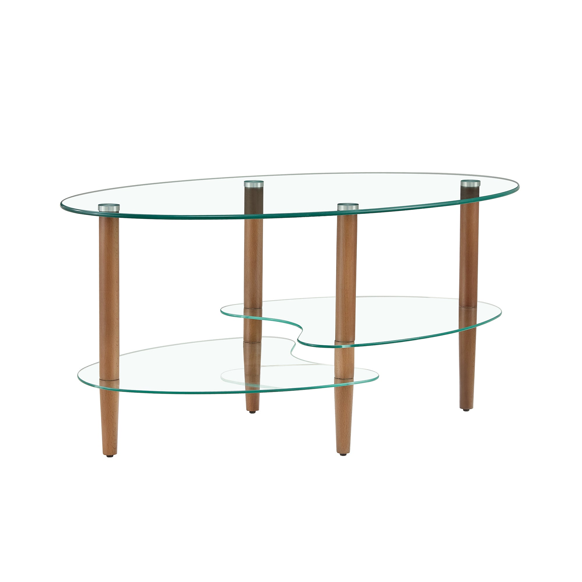 Transparent Oval glass coffee table, modern table in living room Oak wood leg tea table 3-layer  glass table