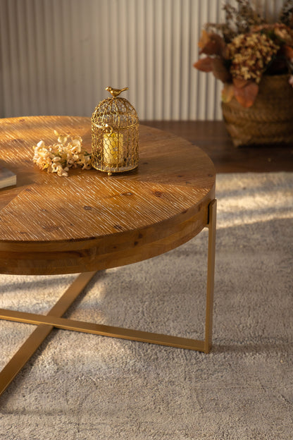 33.86"Modern Retro Splicing Round Coffee Table,Fir Wood Table Top with Gold Cross Legs Base(Same SKU:W757127348)