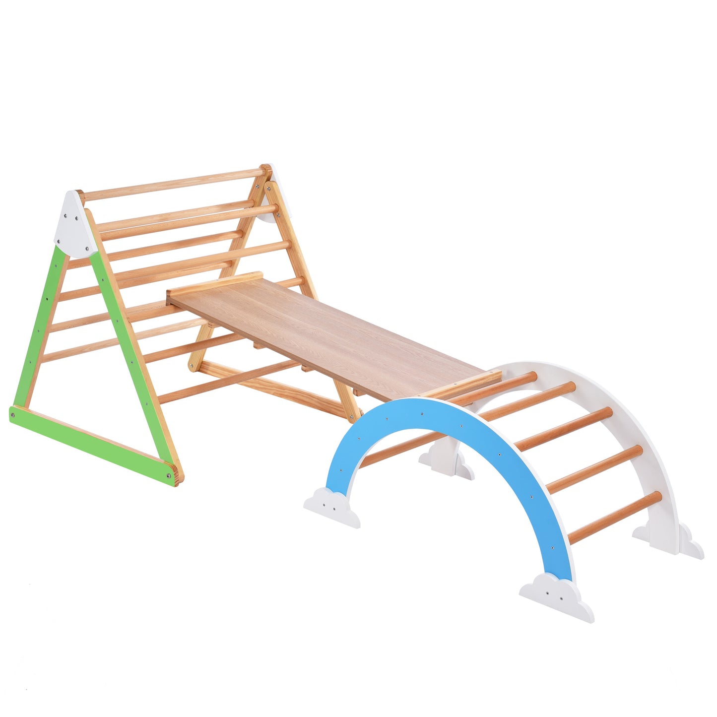 Wooden Climbing Triangle Toys - Indoor Arc Climber Jungle with Ramp and Arch Toy Rocker, Reversible Multifunction Playset Natural Wood Playground