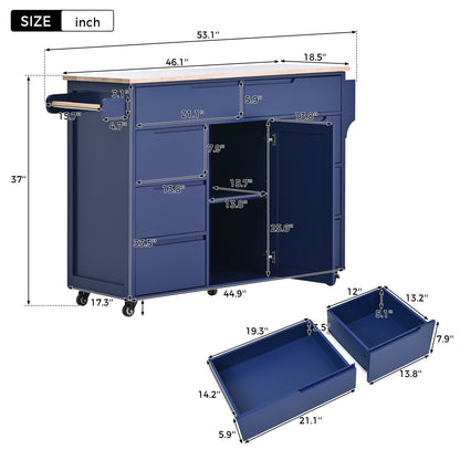 K&K Store Kitchen Cart with Rubber Wood Countertop , Kitchen Island has 8 Handle-Free Drawers Including a Flatware Organizer and 5 Wheels for Kitchen Dinning Room, Dark Blue