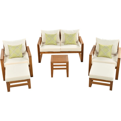 TOPMAX Outdoor Patio Wood 6-Piece Conversation Set, Sectional Garden Seating Groups Chat Set with Ottomans and Cushions for Backyard, Poolside, Balcony, Beige