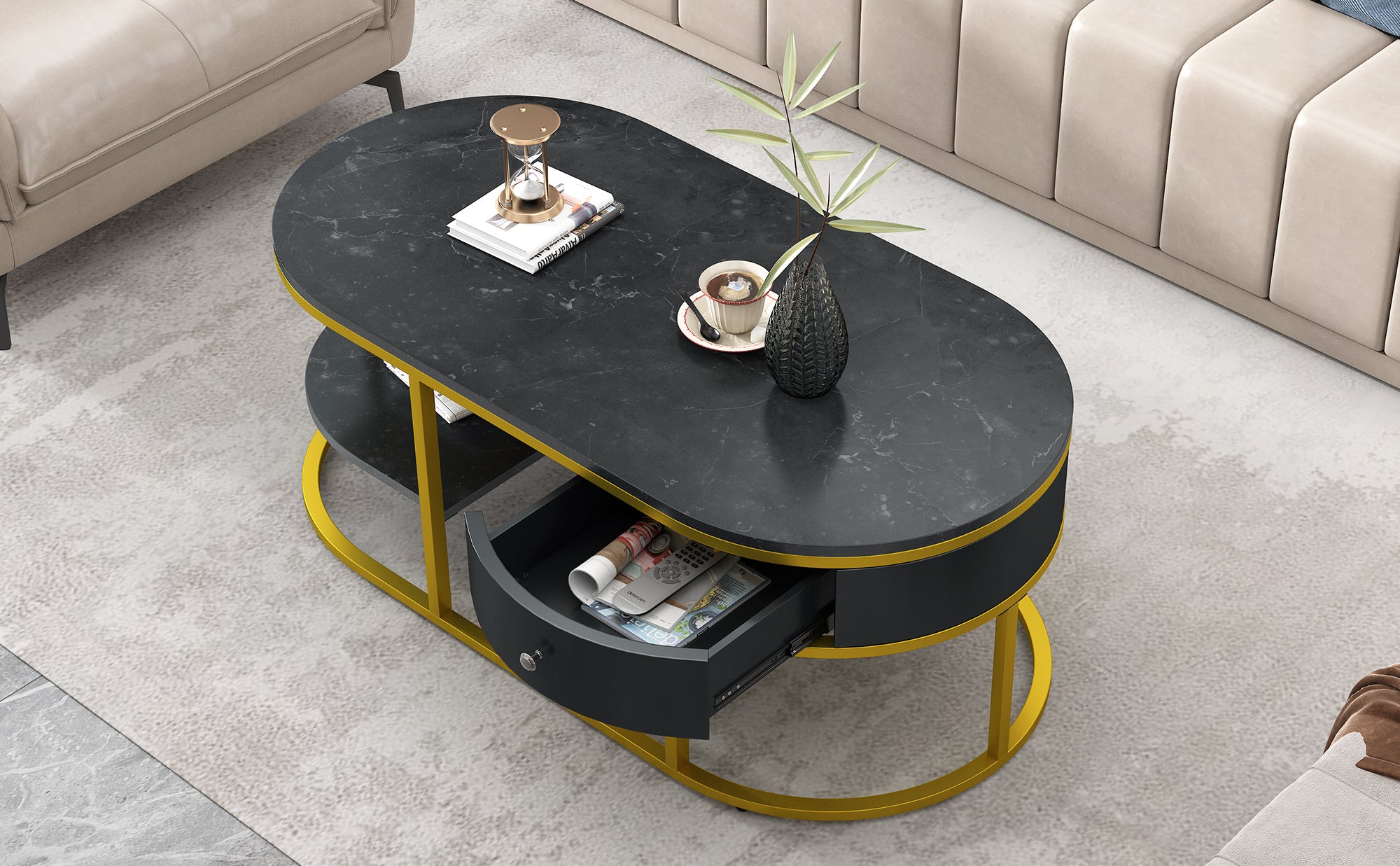 U-Can Modern Marble Golden Coffee Table, Metal Frame, with Drawers & Shelves Storage for Living Room