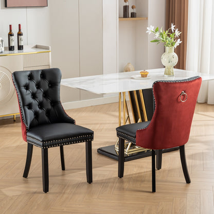 A&A Furniture, Nikki Collection Modern, High-end Tufted Solid Wood Contemporary PU and Velvet Upholstered Dining Chair with Wood Legs Nailhead Trim  2-Pcs Set, Black+WineRed, Burgundy,SW2101BW