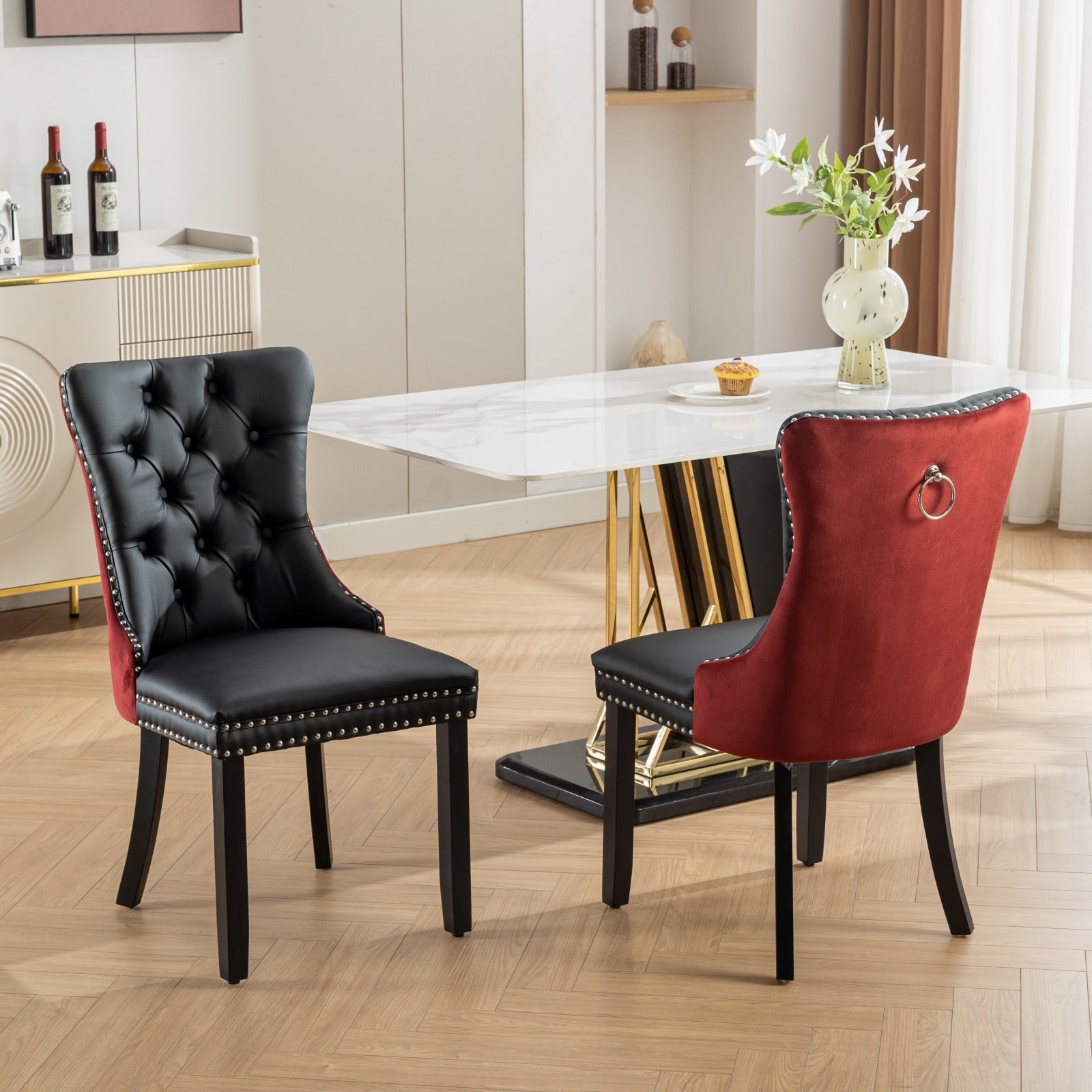 A&A Furniture, Nikki Collection Modern, High-end Tufted Solid Wood Contemporary PU and Velvet Upholstered Dining Chair with Wood Legs Nailhead Trim  2-Pcs Set, Black+WineRed, Burgundy,SW2101BW