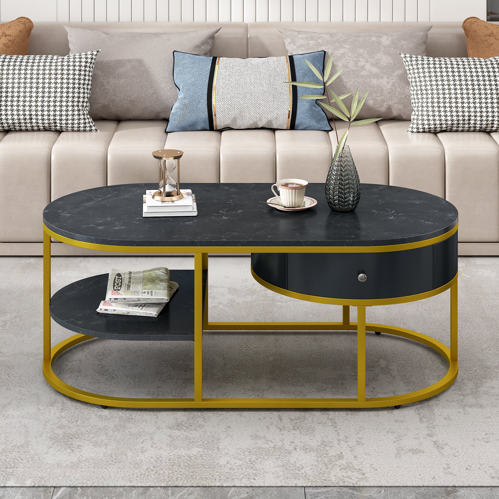 U-Can Modern Marble Golden Coffee Table, Metal Frame, with Drawers & Shelves Storage for Living Room