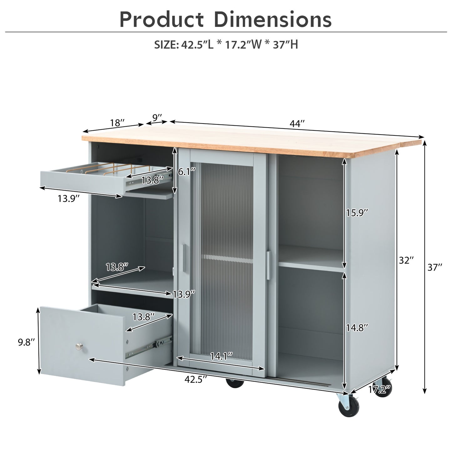 Kitchen Island with Drop Leaf, LED Light Kitchen Cart on Wheels with 2 Fluted Glass Doors and 1 Flip Cabinet Door, Large Kitchen Island Cart with an Adjustable Shelf and 2 Drawers (Grey Blue)