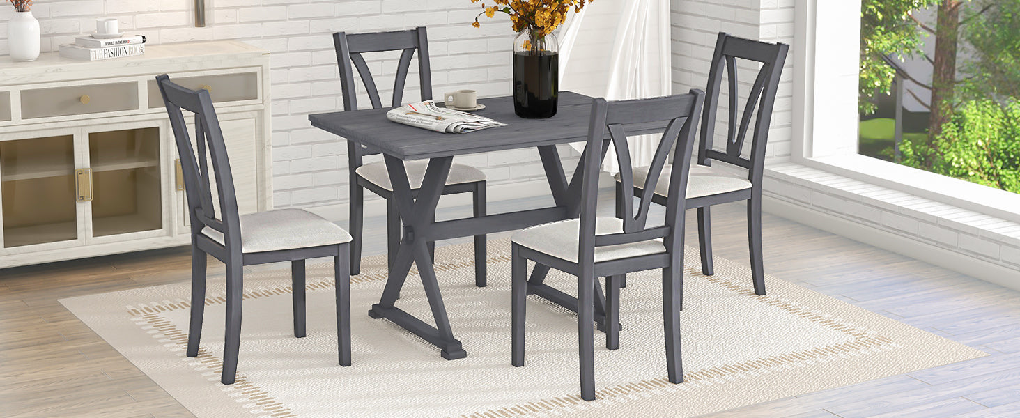 TOPMAX Mid-Century Wood 5-Piece Dining Table Set with 4 Upholstered Dining Chairs for Small Places, Antique Grey