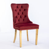 Nikki Collection Modern, High-end Tufted Solid Wood Contemporary Velvet Upholstered Dining Chair with Golden Stainless Steel Plating Legs,Nailhead Trim,Set of 2,Wine Red and Gold, SW1601WR,Burgundy