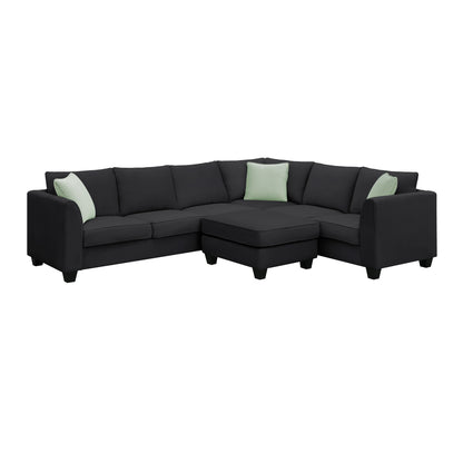 [VIDEO provided] 112*87" Sectional Sofa Couches Living Room Sets, 7 Seats Modular Sectional Sofa with Ottoman, L Shape Fabric Sofa Corner Couch Set with 3 Pillows, Black(New of GS008210AAB)