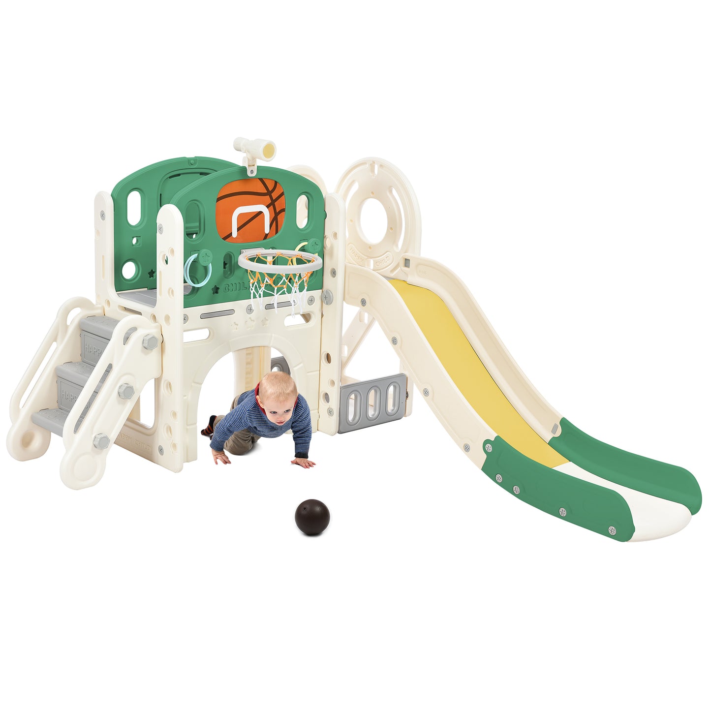 Kids Slide Playset Structure, Freestanding Castle Climbing Crawling Playhouse with Slide, Arch Tunnel, Ring Toss, and Basketball Hoop, Toy Storage Organizer for Toddlers, Kids Climbers Playground