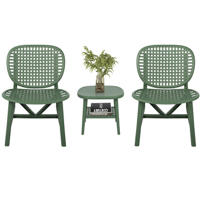 3 Pieces Hollow Design Retro Patio Table Chair Set All Weather Conversation Bistro Set Outdoor Table with Open Shelf and Lounge Chairs with Widened Seat for Balcony Garden Yard  Green