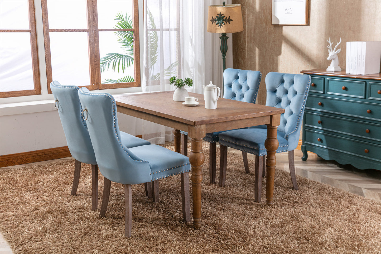 Nikki Collection Modern, High-end Tufted Solid Wood Contemporary Velvet Upholstered Dining Chair with Wood Legs Nailhead Trim 2-Pcs Set,Light Blue, SW2001LB