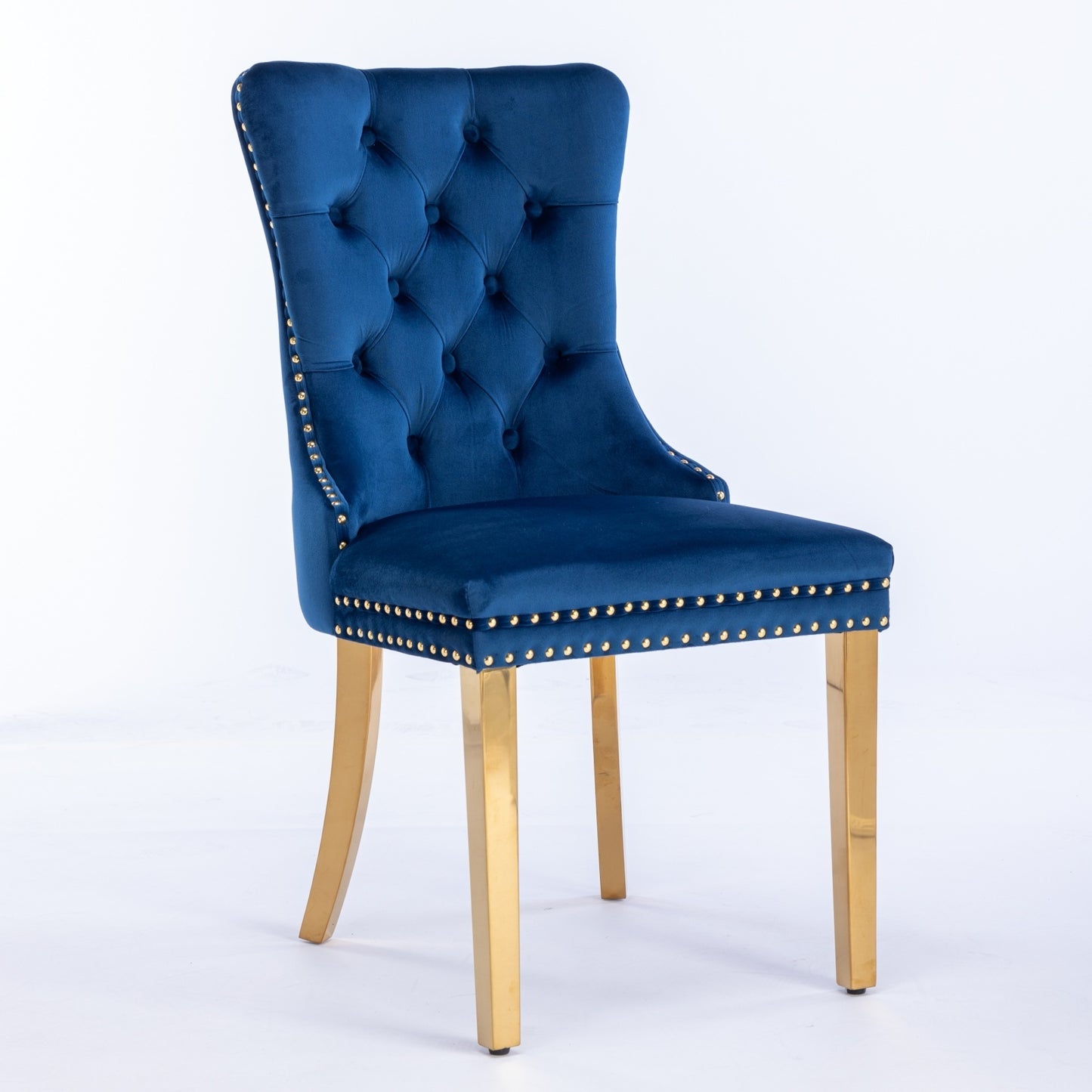 A&A Furniture,Nikki Collection Modern, High-end Tufted Solid Wood Contemporary Velvet Upholstered Dining Chair with Golden Stainless Steel Plating Legs,Nailhead Trim,Set of 2,Blue and Gold, SW1601BL